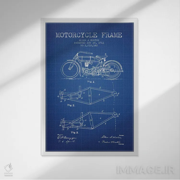 تابلو طرح ثبت اختراع شاسی موتورسیکلت آلن ای. هورتون (شبکه آبی) اثر پیکسل کهنه (استودیو/نام هنری) - نمای قابدار سفید