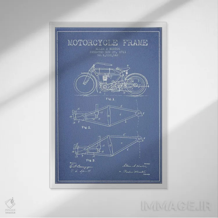 تابلو طرح ثبت اختراع شاسی موتورسیکلت آلن ای. هورتون (آبی روشن) اثر پیکسل کهنه (استودیو/نام هنری) - نمای قابدار سفید