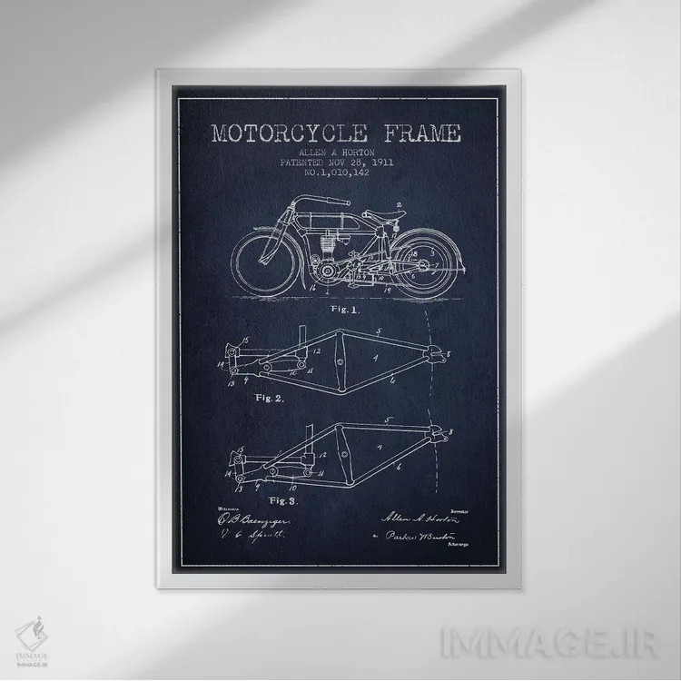 تابلو طرح ثبت اختراع شاسی موتورسیکلت آلن ای. هورتون (سرمهای) اثر پیکسل کهنه (استودیو/نام هنری) - نمای قابدار سفید