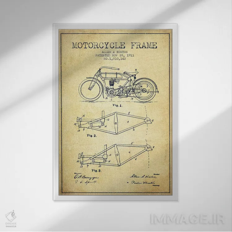 تابلو طرح ثبت اختراع شاسی موتورسیکلت آلن ای. هورتون (وینتیج/قدیمی) اثر پیکسل کهنه (استودیو/نام هنری) - نمای قابدار سفید
