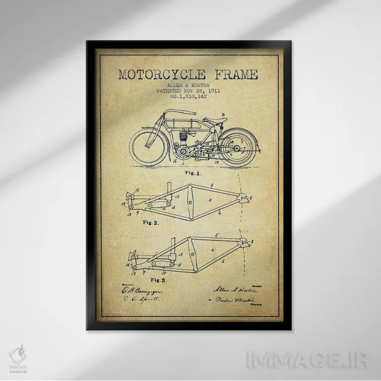 تابلو طرح ثبت اختراع شاسی موتورسیکلت آلن ای. هورتون (وینتیج/قدیمی) اثر پیکسل کهنه (استودیو/نام هنری) - نمای قابدار مشکی