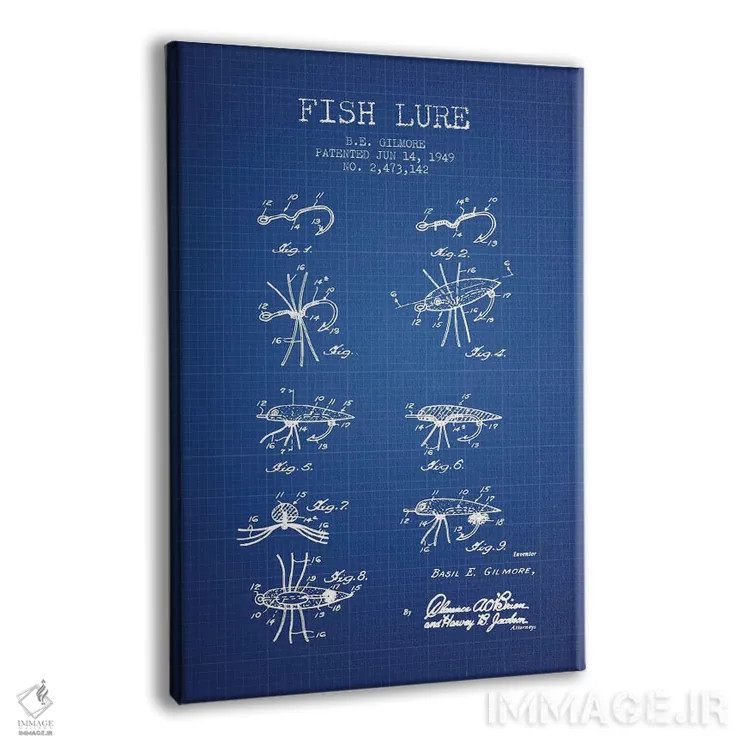 تابلو طرح ثبت اختراع طعمه ماهیگیری بی. ای. گیلمور (شبکه آبی) اثر پیکسل کهنه (استودیو/نام هنری) - نمای پرسپکتیو محصول
