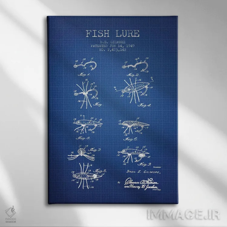 تابلو طرح ثبت اختراع طعمه ماهیگیری بی. ای. گیلمور (شبکه آبی) اثر پیکسل کهنه (استودیو/نام هنری) - نمای روبهرو روی دیوار