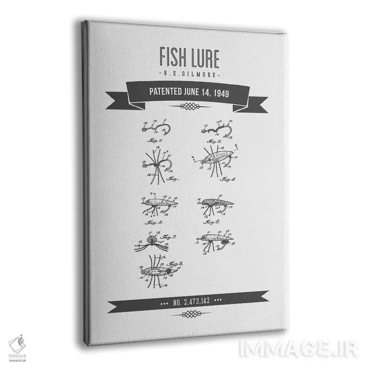 تابلو طرح قدیمی اختراع طعمه ماهیگیری بی.ای. گیلمور (زغالسنگی) اثر پیکسل کهنه (استودیو/نام هنری) - نمای پرسپکتیو محصول