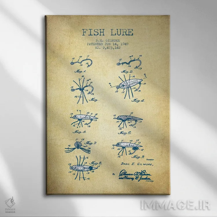 تابلو طرح ثبت اختراع طعمه ماهیگیری بی. ای. گیلمور (وینتیج/قدیمی) اثر پیکسل کهنه (استودیو/نام هنری) - نمای روبهرو روی دیوار