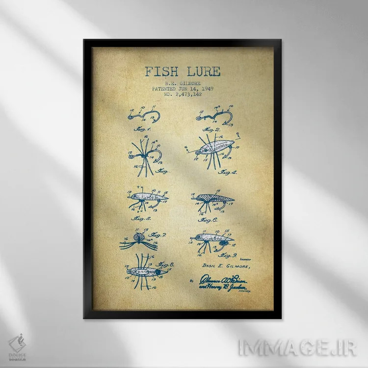 تابلو طرح ثبت اختراع طعمه ماهیگیری بی. ای. گیلمور (وینتیج/قدیمی) اثر پیکسل کهنه (استودیو/نام هنری) - نمای قابدار مشکی