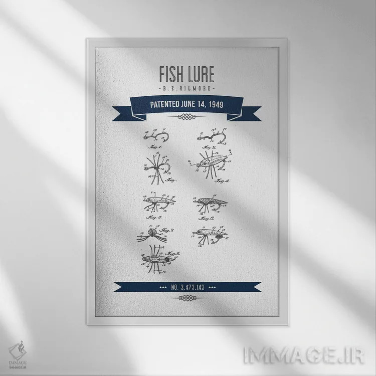 تابلو طرح ثبت اختراع طعمه ماهیگیری بی. ای. گیلمور (سرمهای) اثر پیکسل کهنه (استودیو/نام هنری) - نمای قابدار سفید