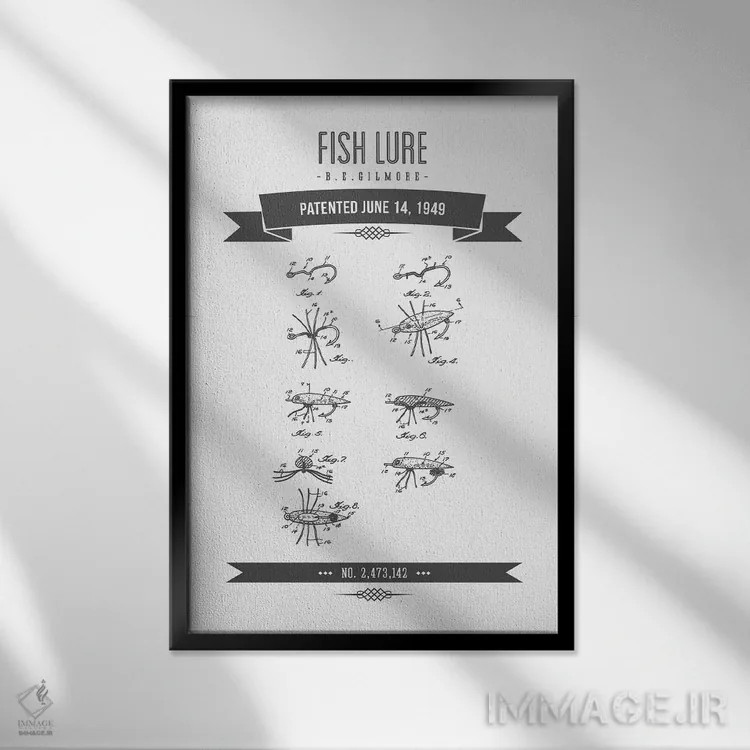 تابلو طرح قدیمی اختراع طعمه ماهیگیری بی.ای. گیلمور (زغالسنگی) اثر پیکسل کهنه (استودیو/نام هنری) - نمای قابدار مشکی