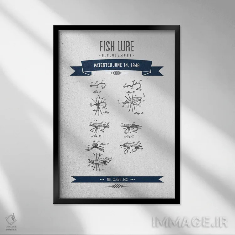 تابلو طرح ثبت اختراع طعمه ماهیگیری بی. ای. گیلمور (سرمهای) اثر پیکسل کهنه (استودیو/نام هنری) - نمای قابدار مشکی