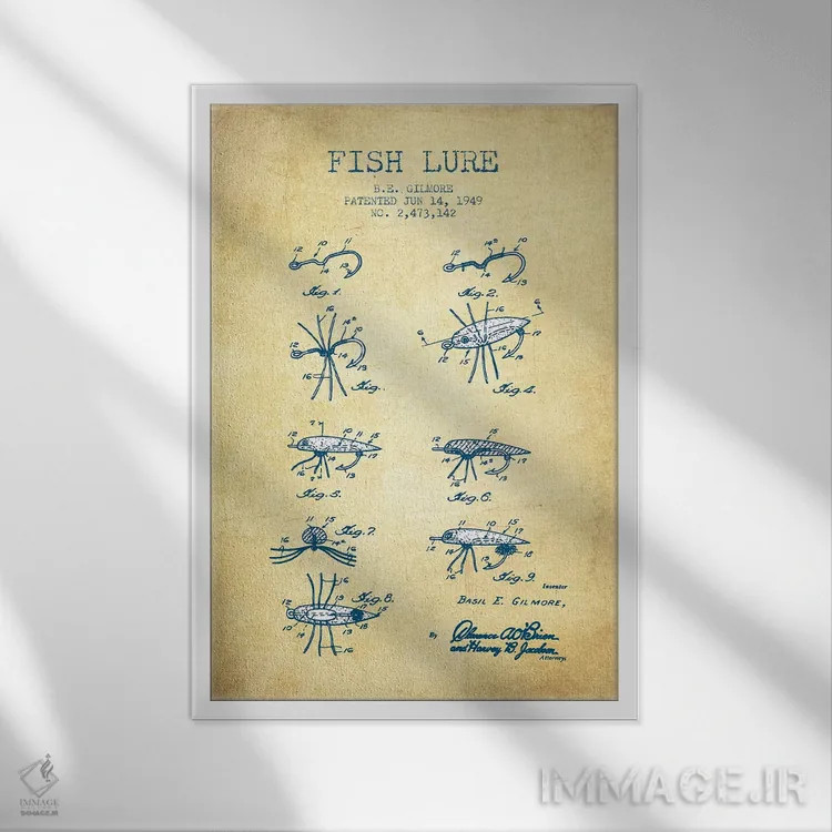 تابلو طرح ثبت اختراع طعمه ماهیگیری بی. ای. گیلمور (وینتیج/قدیمی) اثر پیکسل کهنه (استودیو/نام هنری) - نمای قابدار سفید