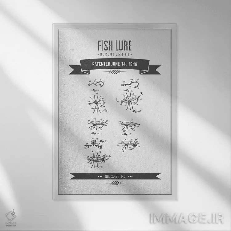 تابلو طرح قدیمی اختراع طعمه ماهیگیری بی.ای. گیلمور (زغالسنگی) اثر پیکسل کهنه (استودیو/نام هنری) - نمای قابدار سفید