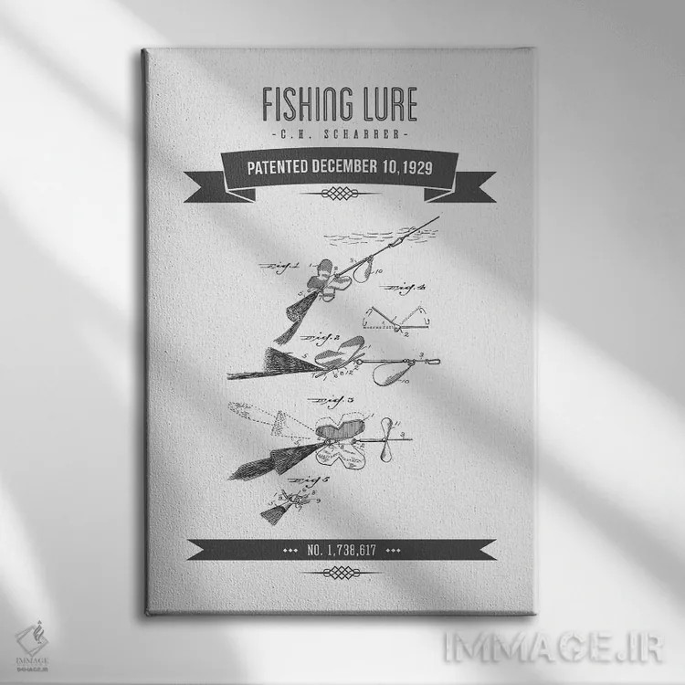 تابلو طرح قدیمی اختراع لوازم ماهیگیری سی.اچ. شارر (زغالسنگی) اثر پیکسل کهنه (استودیو/نام هنری) - نمای روبهرو روی دیوار