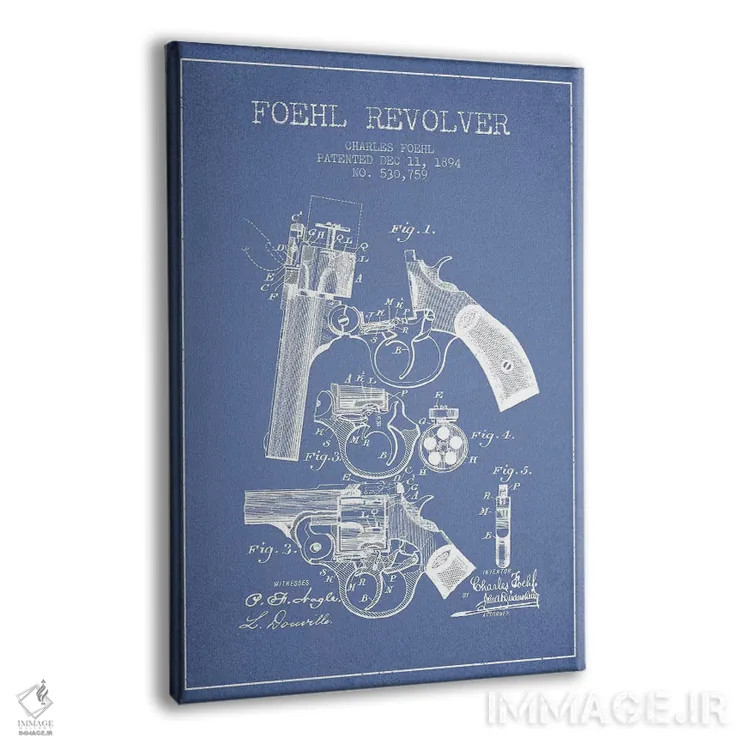 تابلو طرح اختراع هفتتیر چارلز فوئل (آبی روشن) اثر پیکسل کهنه (استودیو/نام هنری) - نمای پرسپکتیو محصول