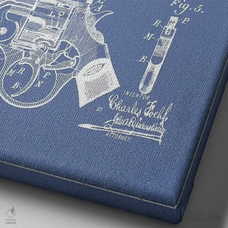 تابلو طرح اختراع هفتتیر چارلز فوئل (آبی روشن) اثر پیکسل کهنه (استودیو/نام هنری) - نمای نزدیک بافت بوم