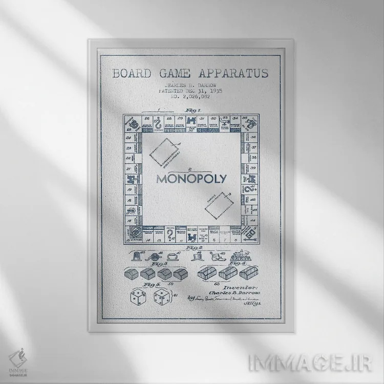 تابلو طرح اختراع بازی مونوپولی چارلز بی. دارو (جوهر) اثر پیکسل کهنه (استودیو/نام هنری) - نمای قابدار سفید