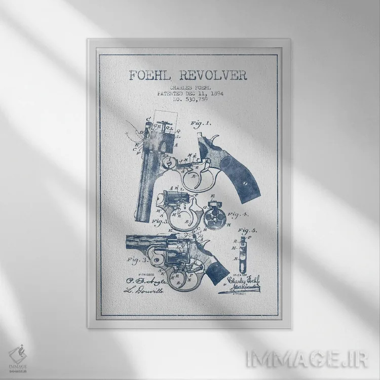 تابلو طرح اختراع هفتتیر چارلز فوئل (جوهر) اثر پیکسل کهنه (استودیو/نام هنری) - نمای قابدار سفید