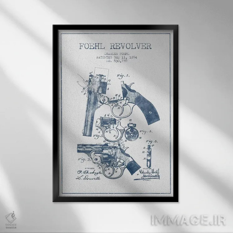 تابلو طرح اختراع هفتتیر چارلز فوئل (جوهر) اثر پیکسل کهنه (استودیو/نام هنری) - نمای قابدار مشکی