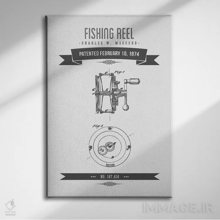 تابلو طرح پتنت قدیمی چرخ ماهیگیری چارلز دابلیو. مککورد (ذغالی) اثر پیکسل کهنه (استودیو/نام هنری) - نمای روبهرو روی دیوار