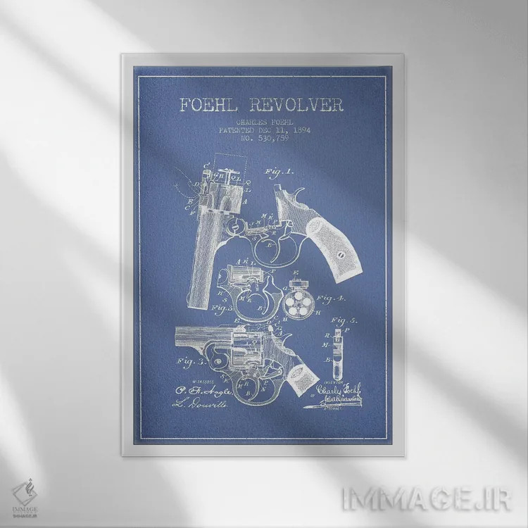 تابلو طرح اختراع هفتتیر چارلز فوئل (آبی روشن) اثر پیکسل کهنه (استودیو/نام هنری) - نمای قابدار سفید