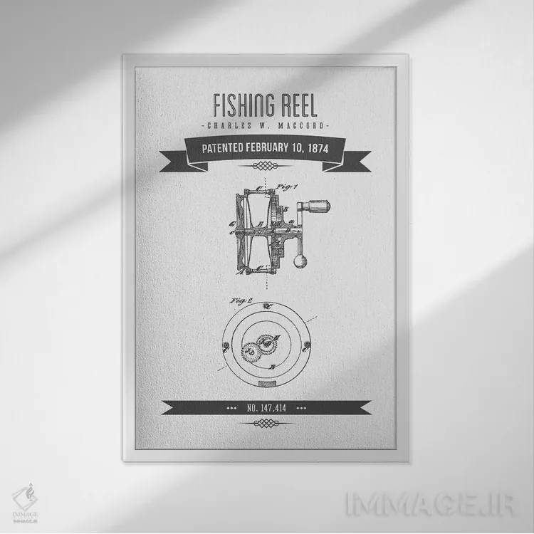تابلو طرح پتنت قدیمی چرخ ماهیگیری چارلز دابلیو. مککورد (ذغالی) اثر پیکسل کهنه (استودیو/نام هنری) - نمای قابدار سفید