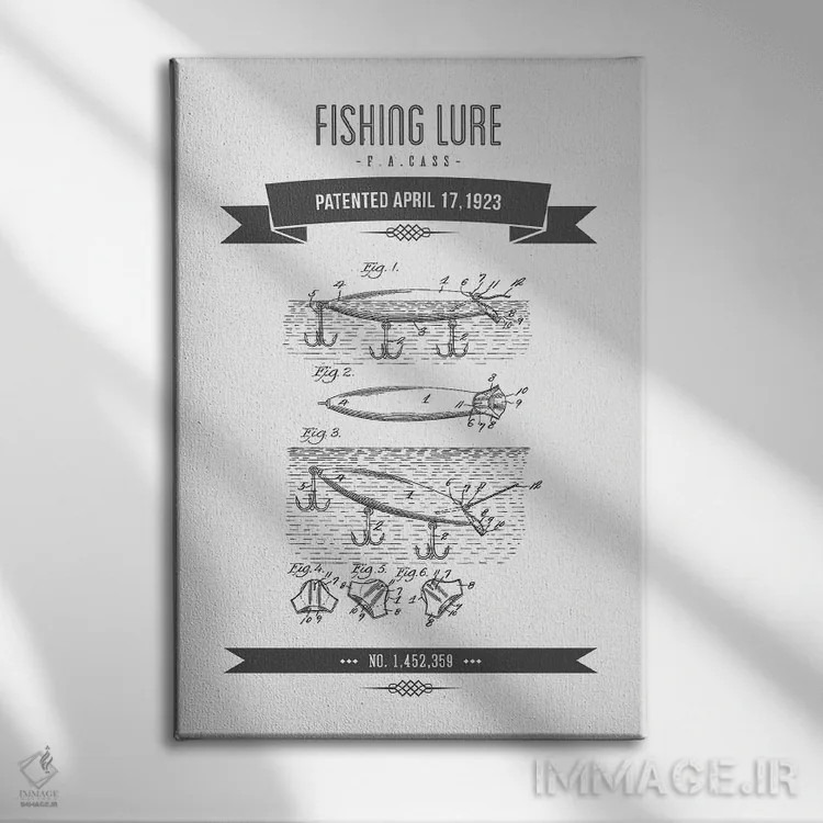 تابلو طرح پتنت قدیمی طعمه ماهیگیری اف.آ. کس (ذغالی) اثر پیکسل کهنه (استودیو/نام هنری) - نمای روبهرو روی دیوار