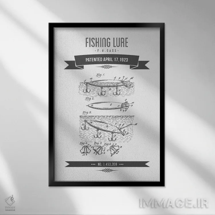 تابلو طرح پتنت قدیمی طعمه ماهیگیری اف.آ. کس (ذغالی) اثر پیکسل کهنه (استودیو/نام هنری) - نمای قابدار مشکی
