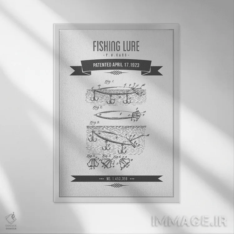 تابلو طرح پتنت قدیمی طعمه ماهیگیری اف.آ. کس (ذغالی) اثر پیکسل کهنه (استودیو/نام هنری) - نمای قابدار سفید