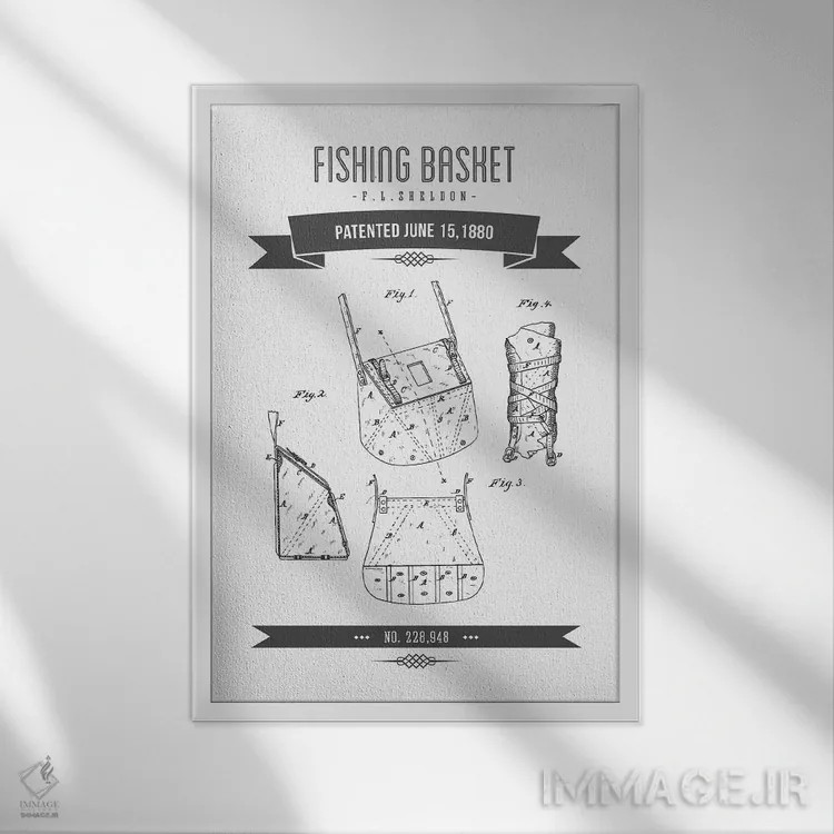 تابلو طرح پتنت قدیمی سبد ماهیگیری اف.ال. شلدون (ذغالی) اثر پیکسل کهنه (استودیو/نام هنری) - نمای قابدار سفید