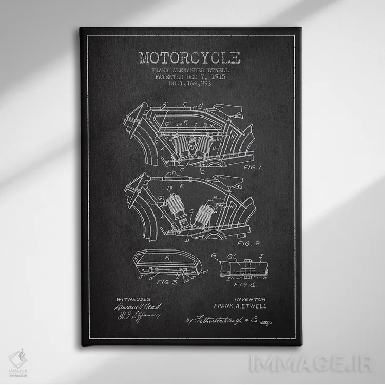 تابلو طرح پتنت موتورسیکلت فرانک آ. اتول (ذغالی) اثر پیکسل کهنه (استودیو/نام هنری) - نمای روبهرو روی دیوار