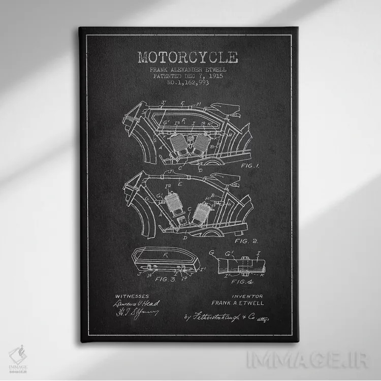 تابلو طرح پتنت موتورسیکلت فرانک آ. اتول (ذغالی) اثر پیکسل کهنه (استودیو/نام هنری) - نمای روبهرو روی دیوار