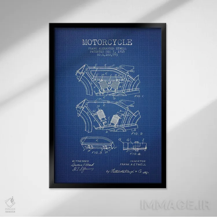 تابلو طرح پتنت موتورسیکلت فرانک آ. اتول (شبکه آبی) اثر پیکسل کهنه (استودیو/نام هنری) - نمای قابدار مشکی