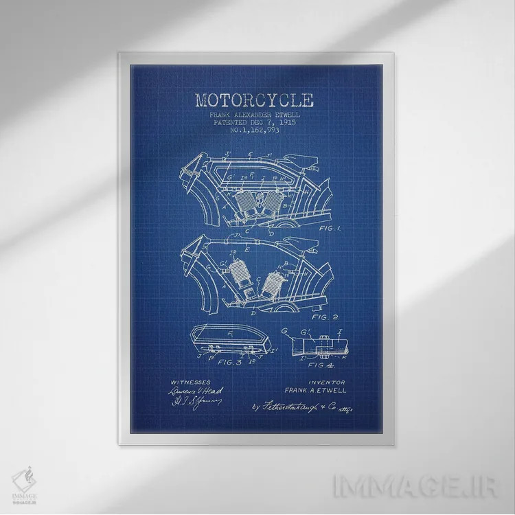 تابلو طرح پتنت موتورسیکلت فرانک آ. اتول (شبکه آبی) اثر پیکسل کهنه (استودیو/نام هنری) - نمای قابدار سفید