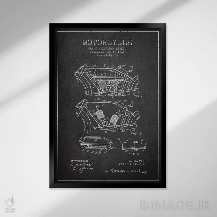 تابلو طرح پتنت موتورسیکلت فرانک آ. اتول (ذغالی) اثر پیکسل کهنه (استودیو/نام هنری) - نمای قابدار مشکی