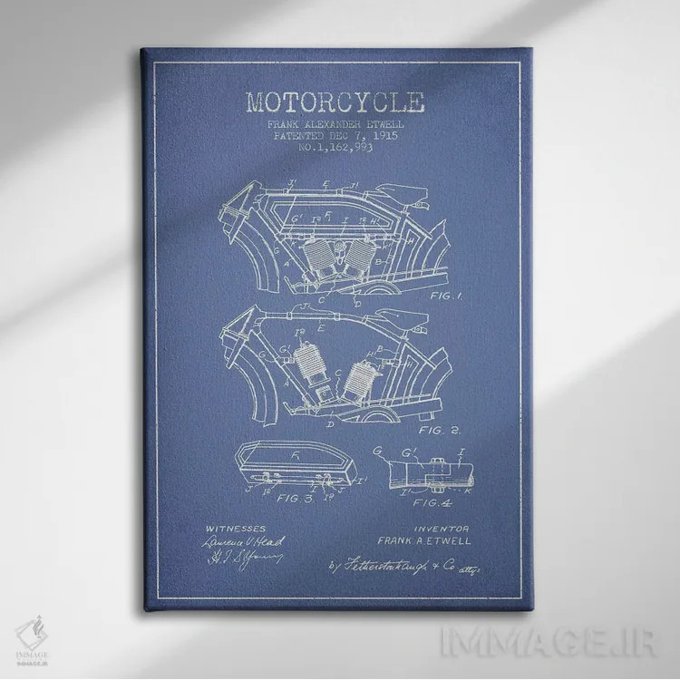 تابلو طرح پتنت موتورسیکلت فرانک آ. اتول (آبی روشن) اثر پیکسل کهنه (استودیو/نام هنری) - نمای روبهرو روی دیوار