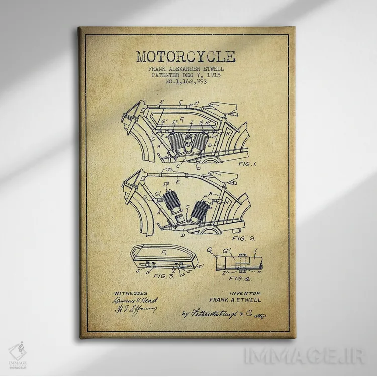 تابلو طرح پتنت موتورسیکلت فرانک آ. اتول (طرح قدیمی) اثر پیکسل کهنه (استودیو/نام هنری) - نمای روبهرو روی دیوار