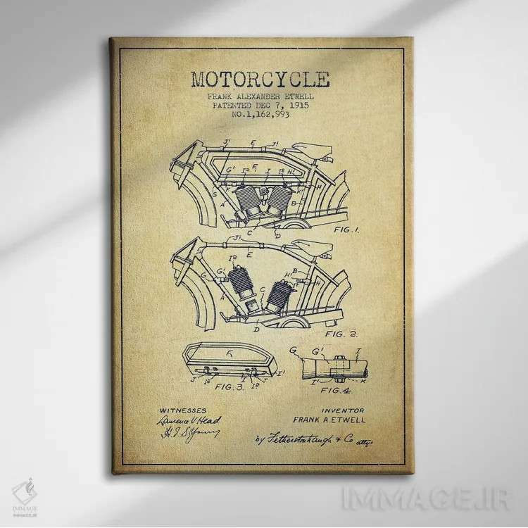 تابلو طرح پتنت موتورسیکلت فرانک آ. اتول (طرح قدیمی) اثر پیکسل کهنه (استودیو/نام هنری) - نمای روبهرو روی دیوار