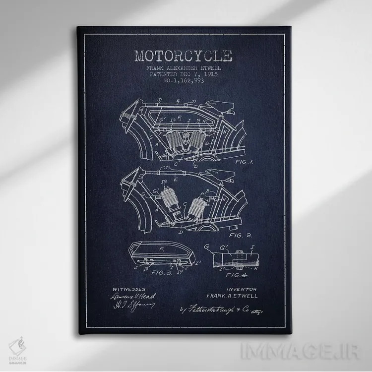 تابلو طرح پتنت موتورسیکلت فرانک آ. اتول (آبی نفتی) اثر پیکسل کهنه (استودیو/نام هنری) - نمای روبهرو روی دیوار