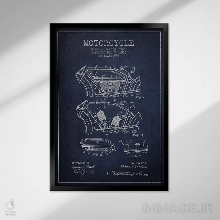تابلو طرح پتنت موتورسیکلت فرانک آ. اتول (آبی نفتی) اثر پیکسل کهنه (استودیو/نام هنری) - نمای قابدار مشکی