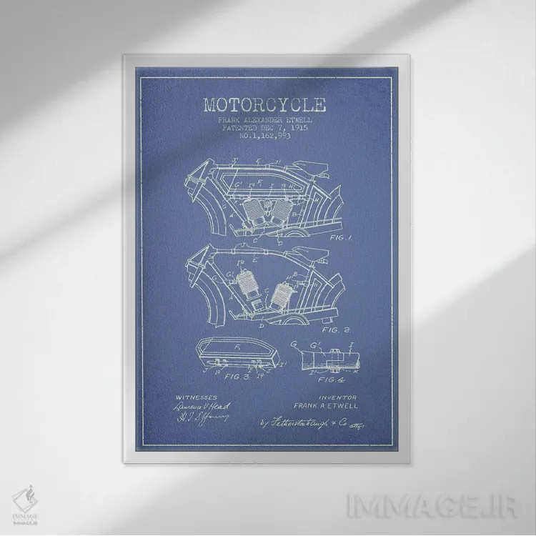 تابلو طرح پتنت موتورسیکلت فرانک آ. اتول (آبی روشن) اثر پیکسل کهنه (استودیو/نام هنری) - نمای قابدار سفید