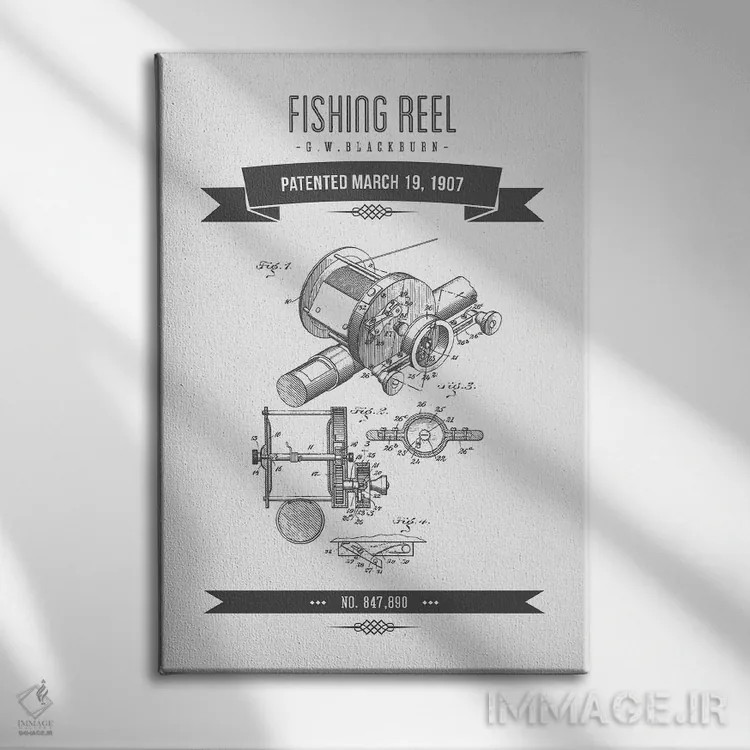 تابلو طرح پتنت قدیمی چرخ ماهیگیری جی.دابلیو. بلکبرن (ذغالی) اثر پیکسل کهنه (استودیو/نام هنری) - نمای روبهرو روی دیوار