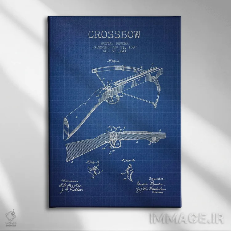 تابلو طرح اختراع کمان زنبورکی گوستاو برودر (شبکه آبی) اثر پیکسل کهنه (استودیو/نام هنری) - نمای روبهرو روی دیوار