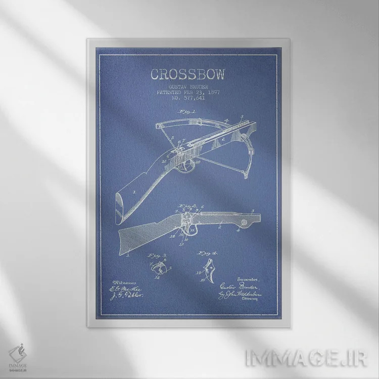 تابلو طرح اختراع کمان زنبورکی گوستاو برودر (آبی روشن) اثر پیکسل کهنه (استودیو/نام هنری) - نمای قابدار سفید