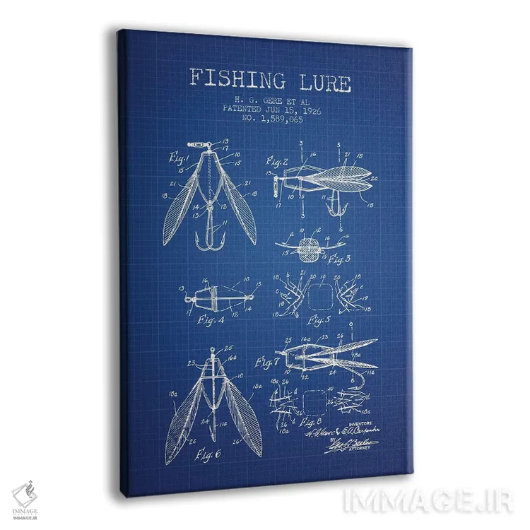 تابلو et al. Fishing Lure Patent Sketch (Blue Grid),طرح اختراع طعمه ماهیگیری اچ.جی. گیر و همکاران (شبکه آبی) اثر پیکسل کهنه (استودیو/نام هنری) - نمای پرسپکتیو محصول