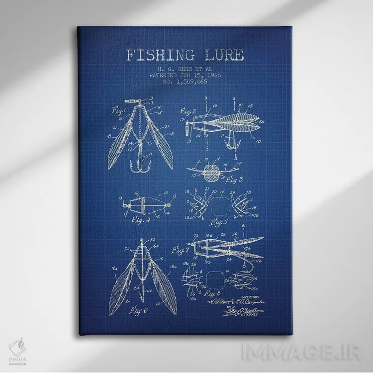 تابلو et al. Fishing Lure Patent Sketch (Blue Grid),طرح اختراع طعمه ماهیگیری اچ.جی. گیر و همکاران (شبکه آبی) اثر پیکسل کهنه (استودیو/نام هنری) - نمای روبهرو روی دیوار