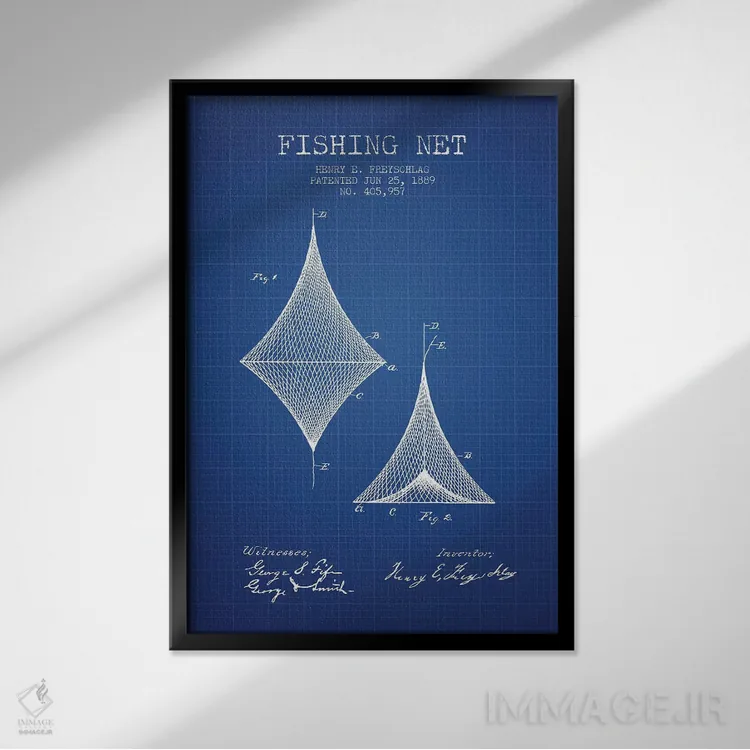 تابلو طرح اختراع تور ماهیگیری اچ.ای. فرایشلگ (شبکه آبی) اثر پیکسل کهنه (استودیو/نام هنری) - نمای قابدار مشکی