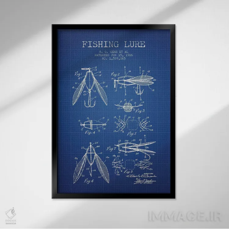 تابلو et al. Fishing Lure Patent Sketch (Blue Grid),طرح اختراع طعمه ماهیگیری اچ.جی. گیر و همکاران (شبکه آبی) اثر پیکسل کهنه (استودیو/نام هنری) - نمای قابدار مشکی