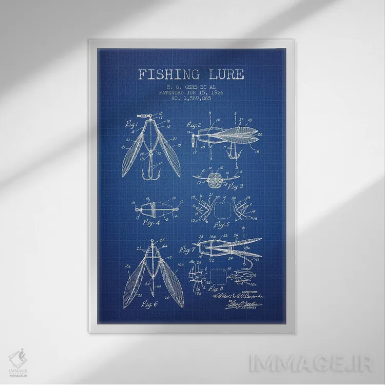 تابلو et al. Fishing Lure Patent Sketch (Blue Grid),طرح اختراع طعمه ماهیگیری اچ.جی. گیر و همکاران (شبکه آبی) اثر پیکسل کهنه (استودیو/نام هنری) - نمای قابدار سفید