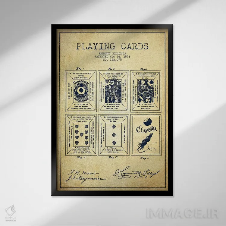 تابلو طرح قدیمی اختراع کارت بازی همت بیلینگز اثر پیکسل کهنه (استودیو/نام هنری) - نمای قابدار مشکی