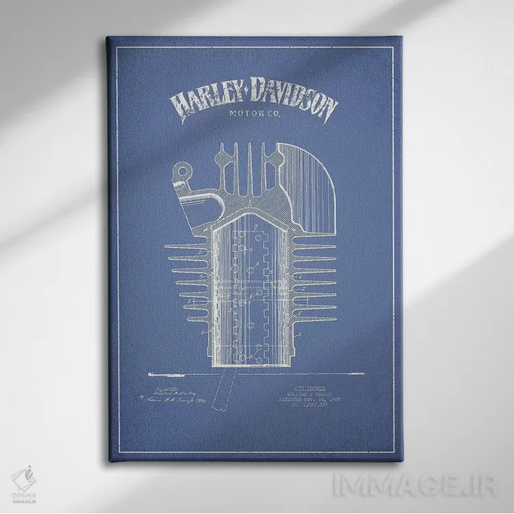 تابلو سیلندر موتورسیکلتهای هارلی-دیویدسون (آبی روشن) اثر پیکسل کهنه (استودیو/نام هنری) - نمای روبهرو روی دیوار