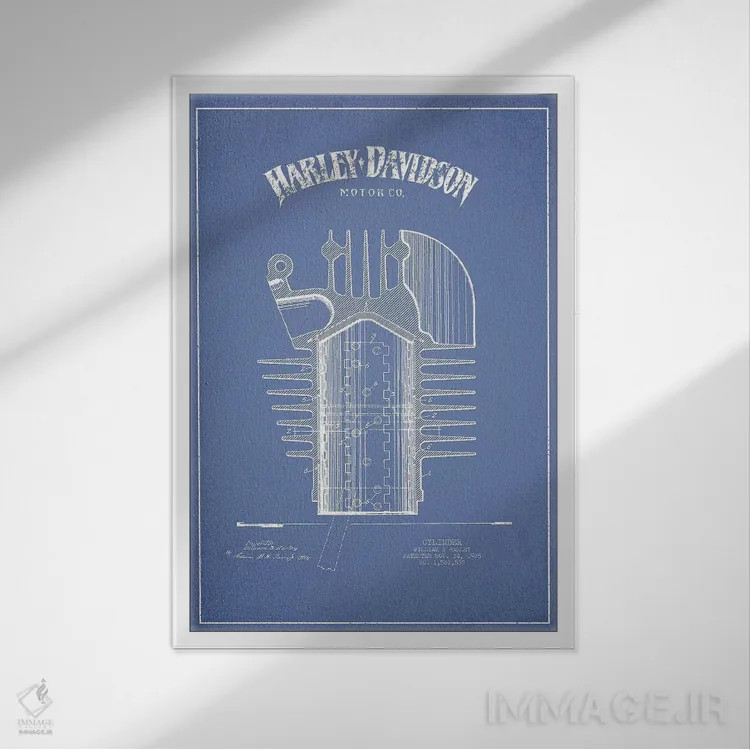 تابلو سیلندر موتورسیکلتهای هارلی-دیویدسون (آبی روشن) اثر پیکسل کهنه (استودیو/نام هنری) - نمای قابدار سفید
